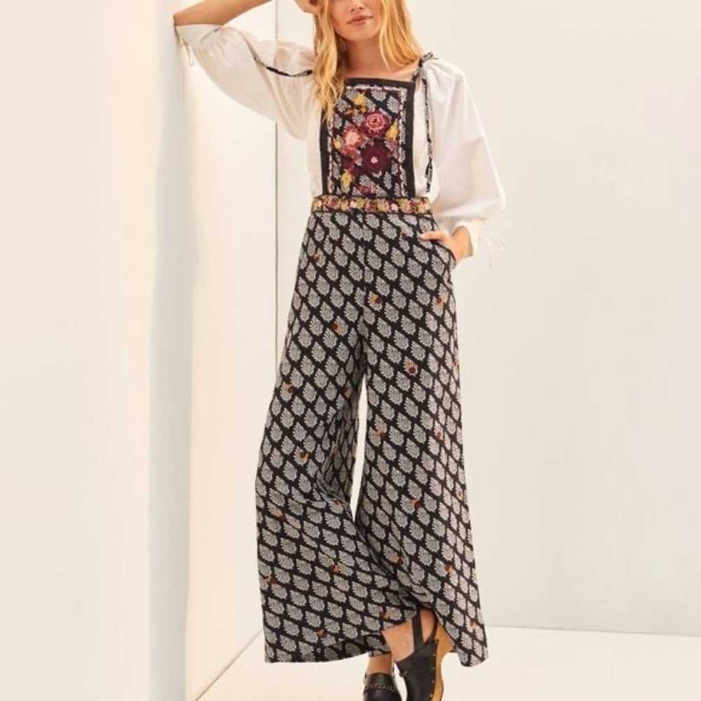 Anthropologie Byron Lars Embroidered Paisley Wide Leg Jumpsuit Black White Sz 8